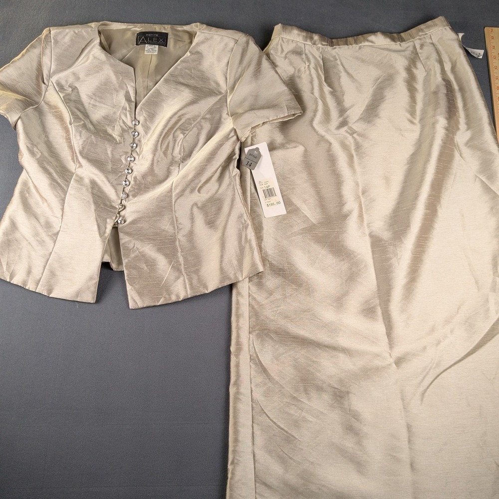 Alex Evenings Skirt Suit Womens 14P Taupe 2pc Shantung Crystal Button Formal